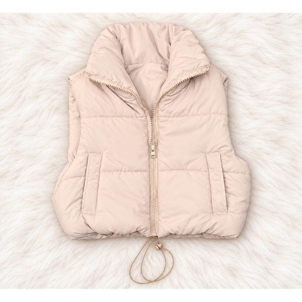 Womens Cropped Puffer Vest Beige Quilted Sleeveless Zip Up Jacket Large - Picture 2 of 3